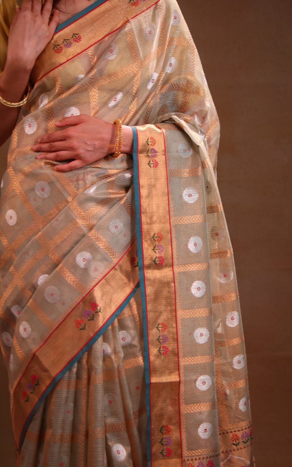 Pastel Green Zari Kota Saree With Zari Checks & Silver Butta