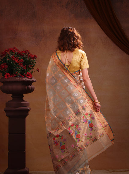 Pastel Green Zari Kota Saree With Zari Checks & Silver Butta