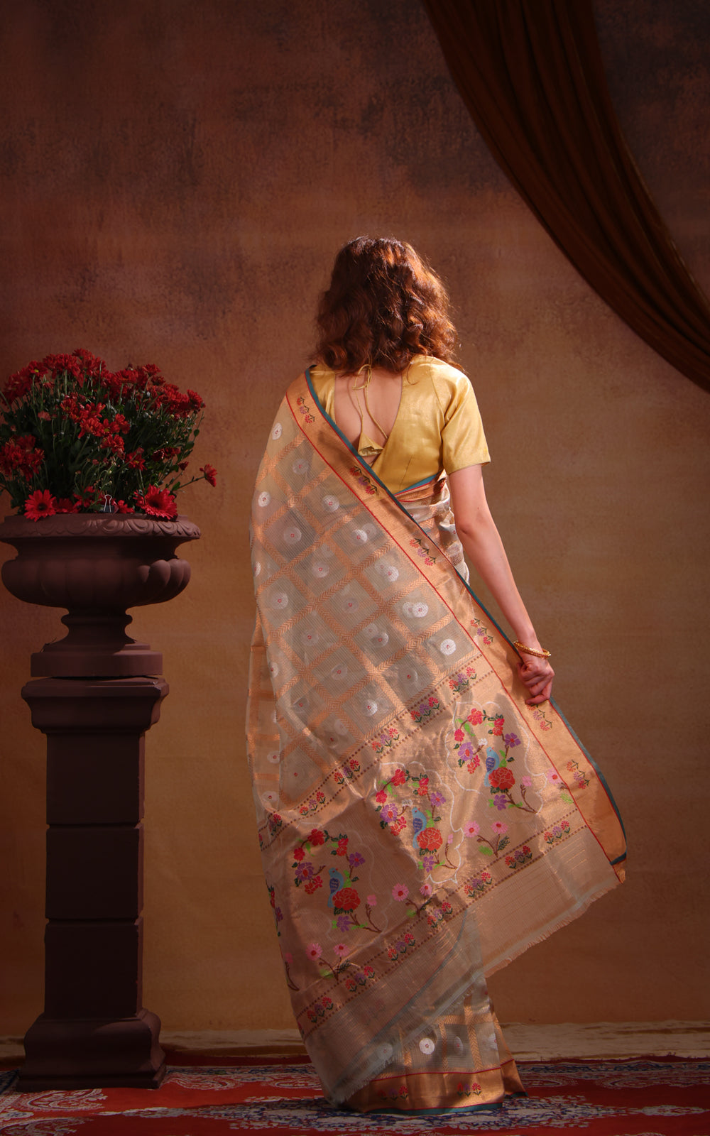 Pastel Green Zari Kota Saree With Zari Checks & Silver Butta