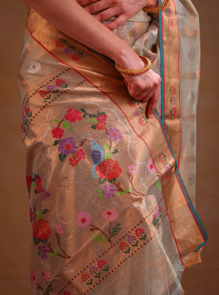 Pastel Green Zari Kota Saree With Zari Checks & Silver Butta