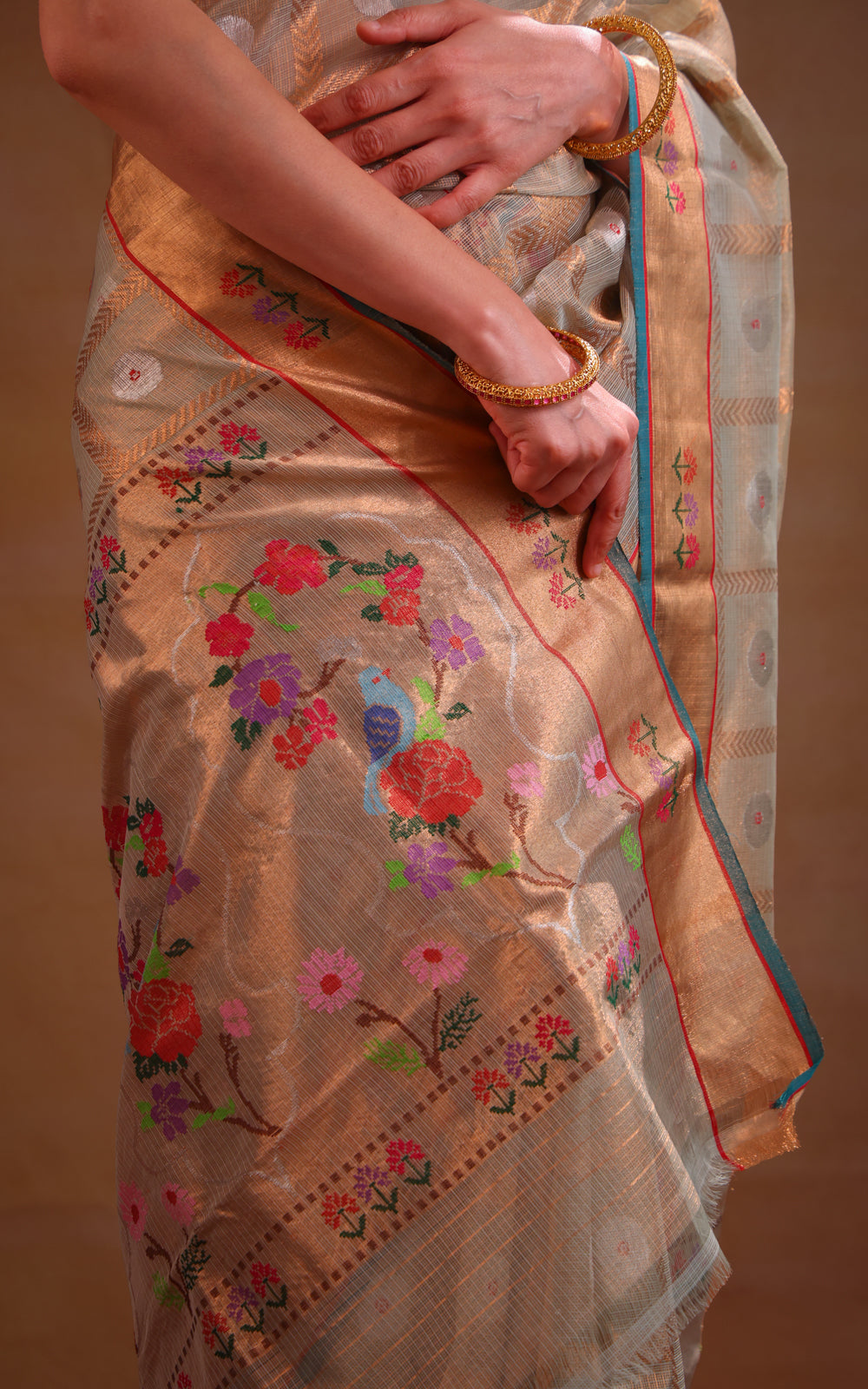 Pastel Green Zari Kota Saree With Zari Checks & Silver Butta