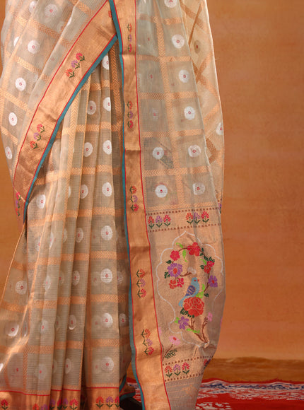 Pastel Green Zari Kota Saree With Zari Checks & Silver Butta