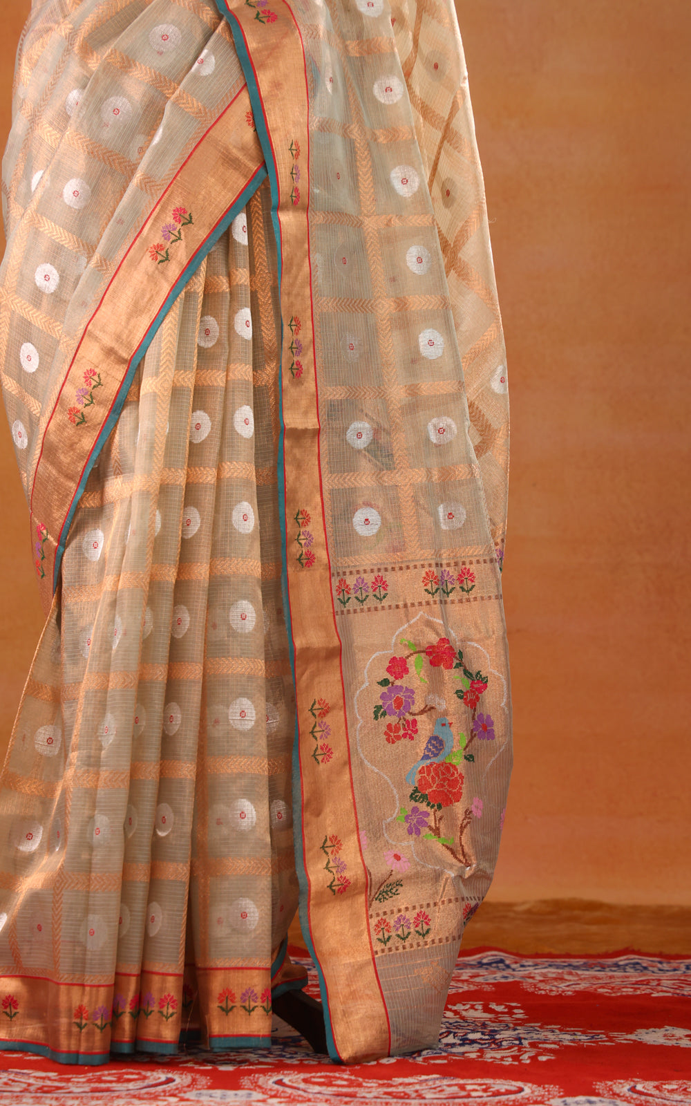 Pastel Green Zari Kota Saree With Zari Checks & Silver Butta