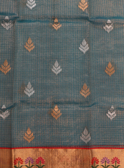 Pastel Green Zari Kota Saree With Zari Checks & Silver Butta