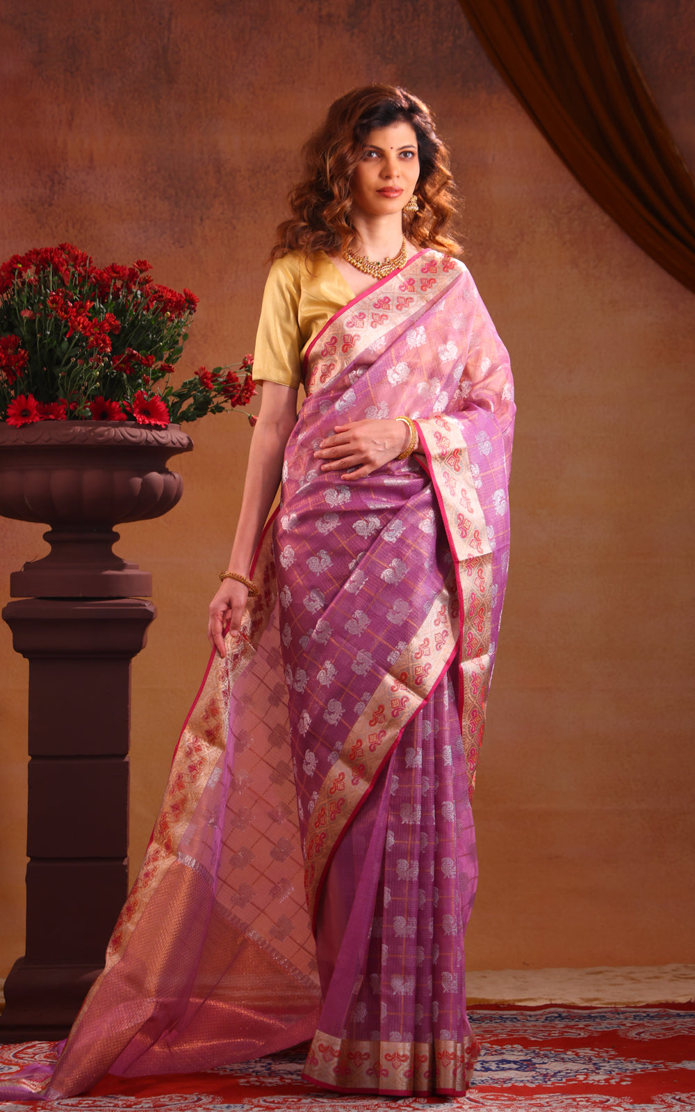 Lavender & Pink Zari Kota Saree With Silver Annam Butta