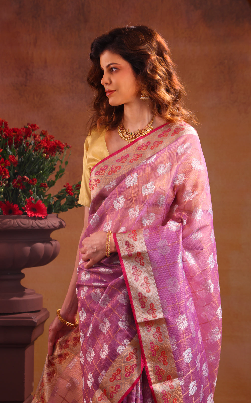Lavender & Pink Zari Kota Saree With Silver Annam Butta