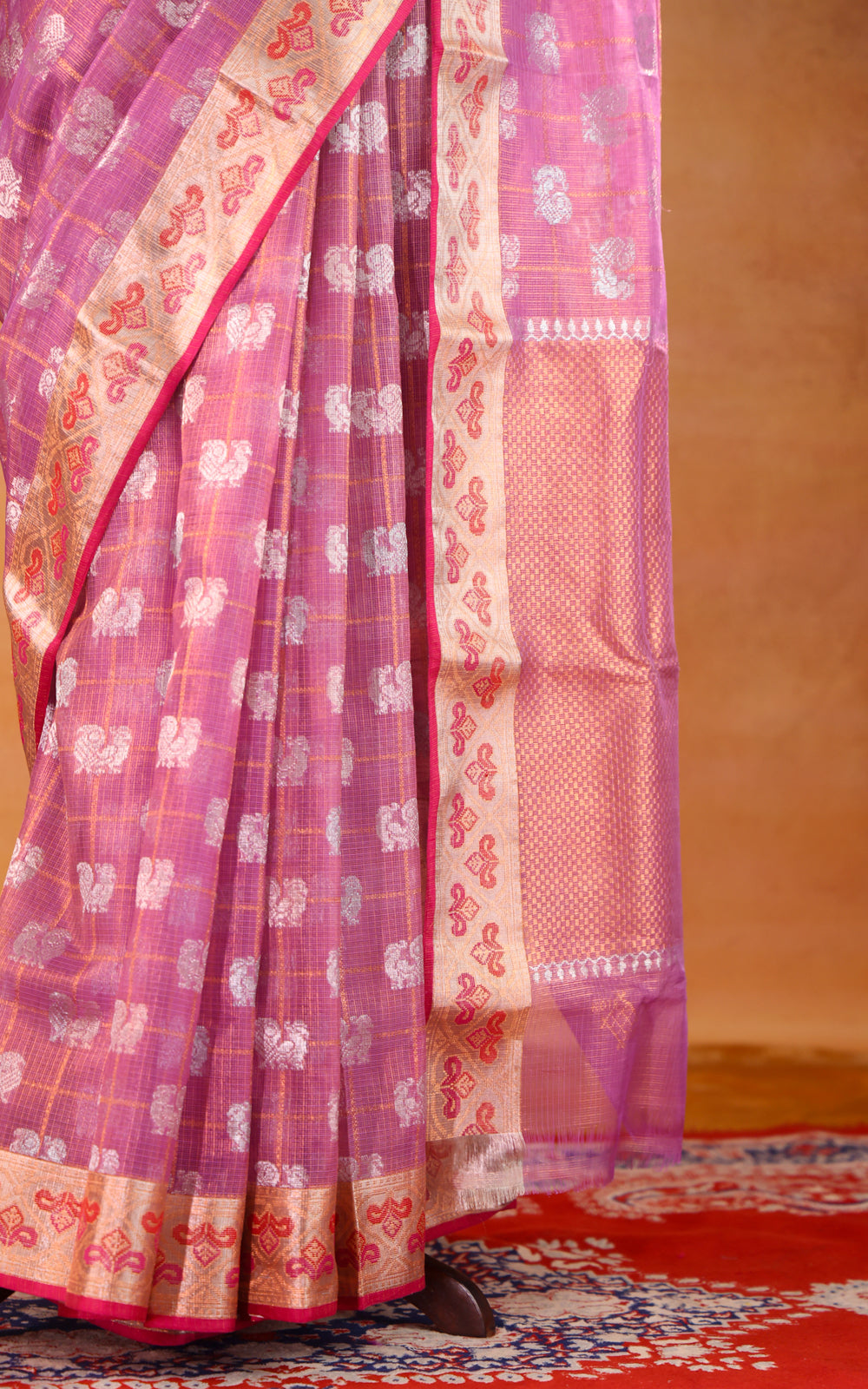 Lavender & Pink Zari Kota Saree With Silver Annam Butta