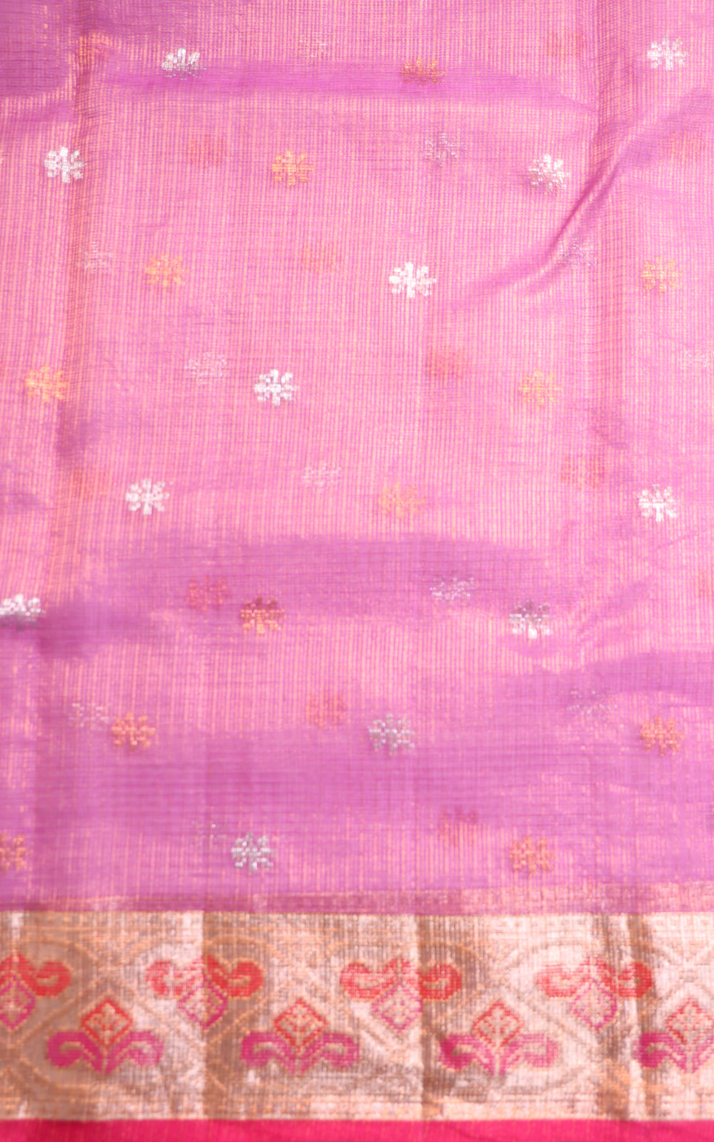 Lavender & Pink Zari Kota Saree With Silver Annam Butta