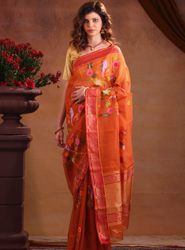 Orange Zari Kota Saree With Jamdani Weaves