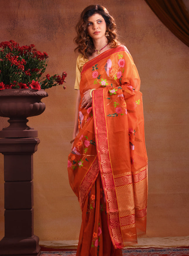 Orange Zari Kota Saree With Jamdani Weaves