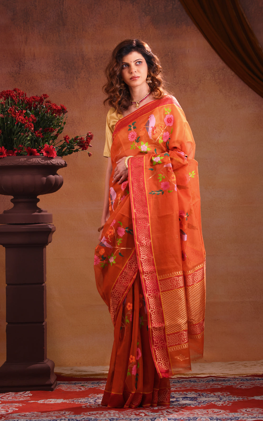 Orange Zari Kota Saree With Jamdani Weaves