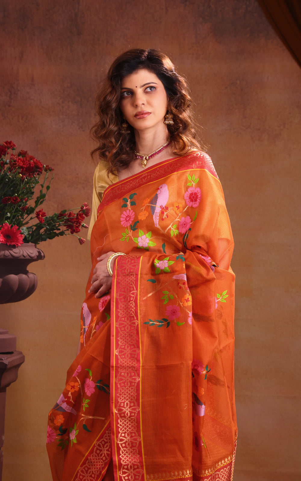 Orange Zari Kota Saree With Jamdani Weaves