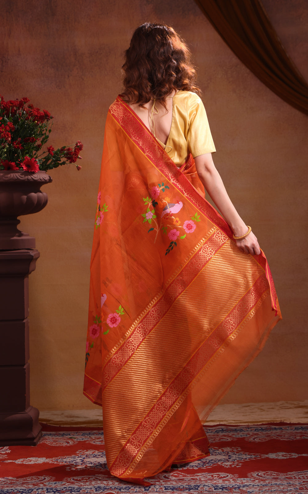 Orange Zari Kota Saree With Jamdani Weaves
