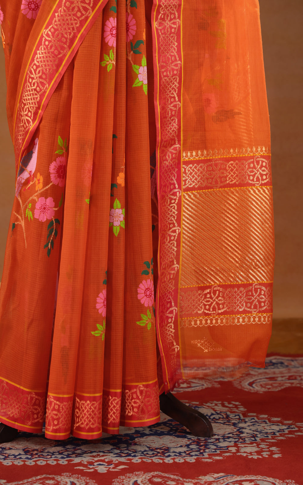 Orange Zari Kota Saree With Jamdani Weaves