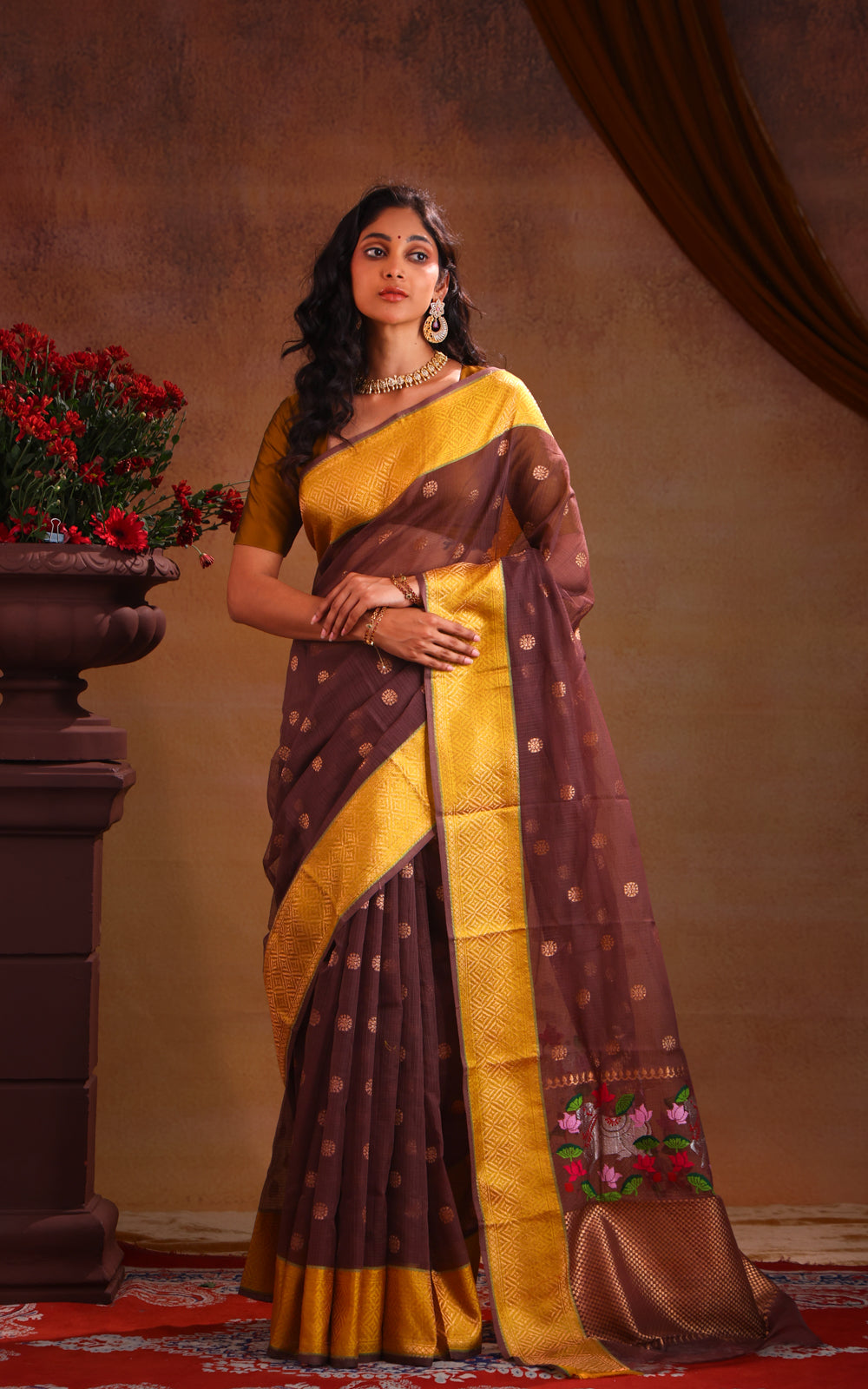 Brown & Yellow Zari Kota Saee With Golden Butta