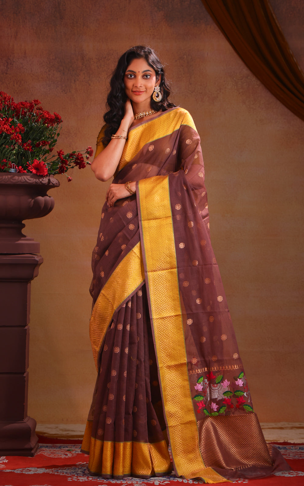 Brown & Yellow Zari Kota Saee With Golden Butta