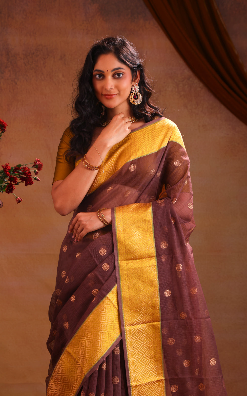 Brown & Yellow Zari Kota Saee With Golden Butta