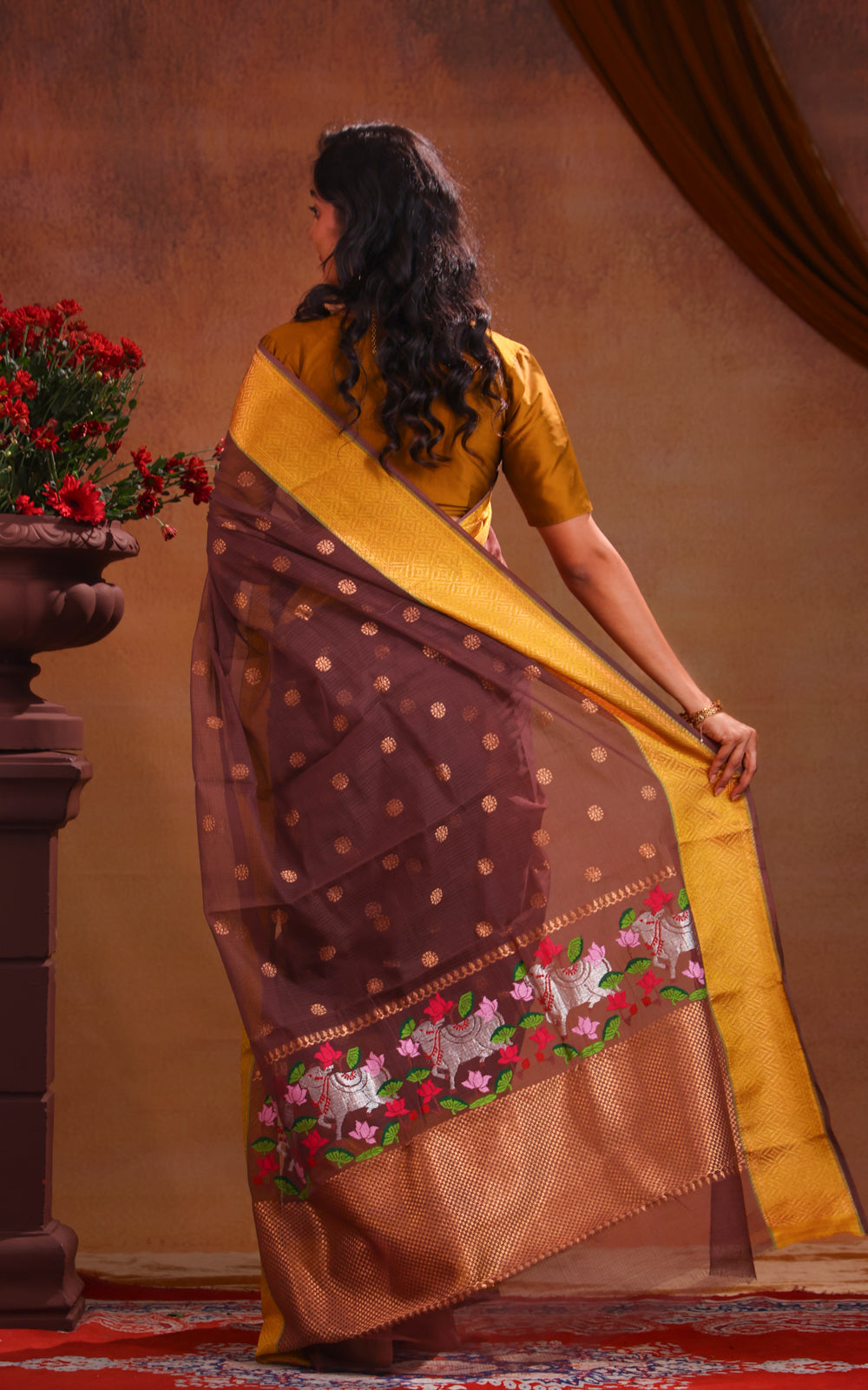 Brown & Yellow Zari Kota Saee With Golden Butta