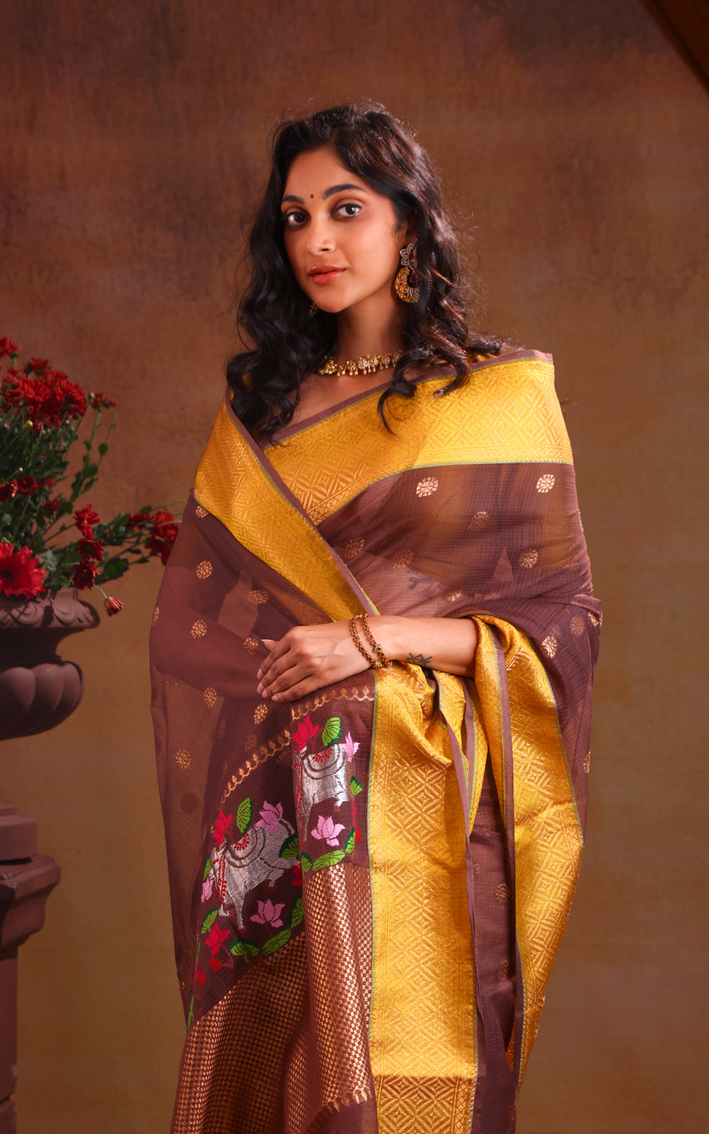 Brown & Yellow Zari Kota Saee With Golden Butta