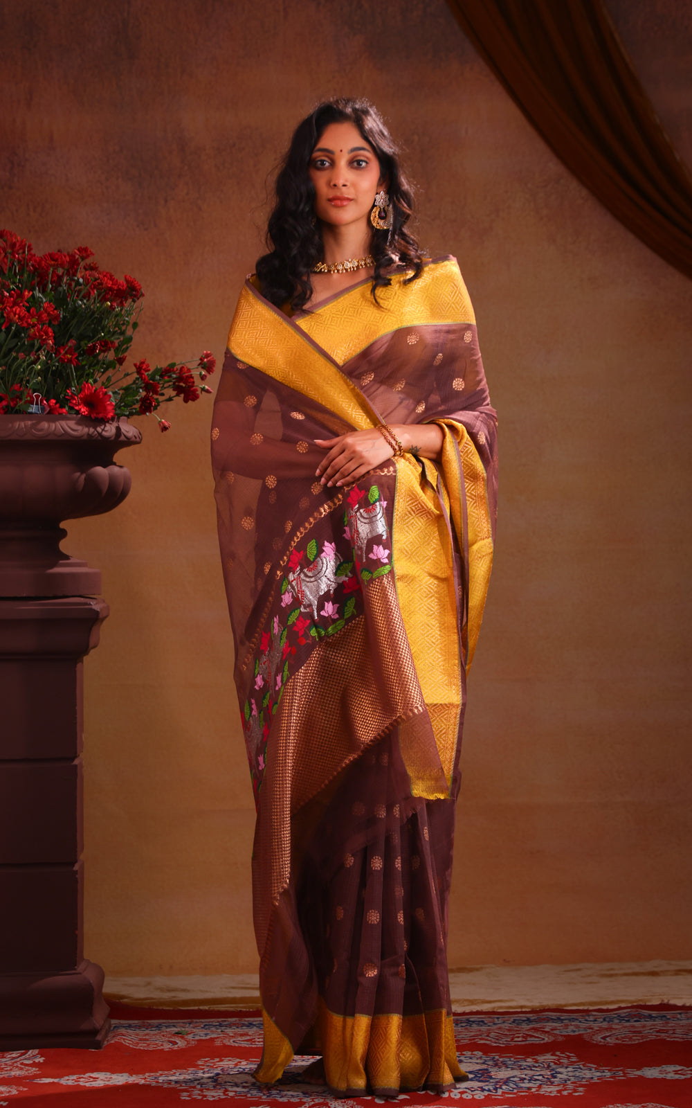 Brown & Yellow Zari Kota Saee With Golden Butta