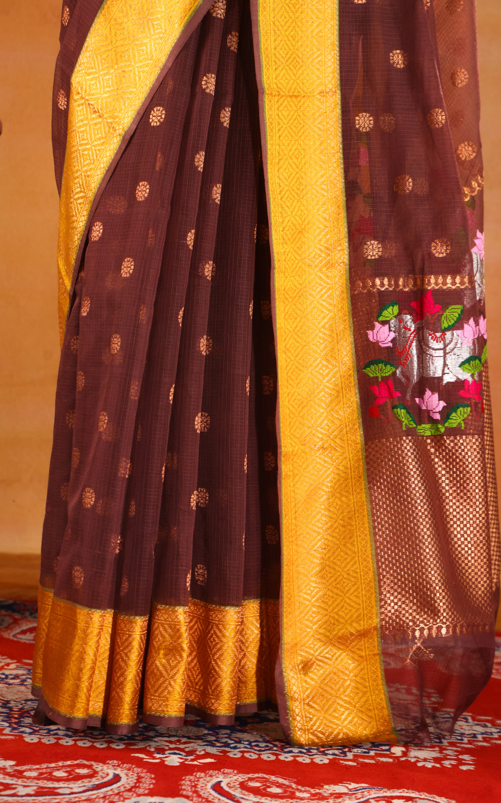 Brown & Yellow Zari Kota Saee With Golden Butta