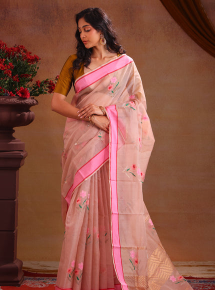 Beige & Pink Zari Kota Saree With Floral Motif
