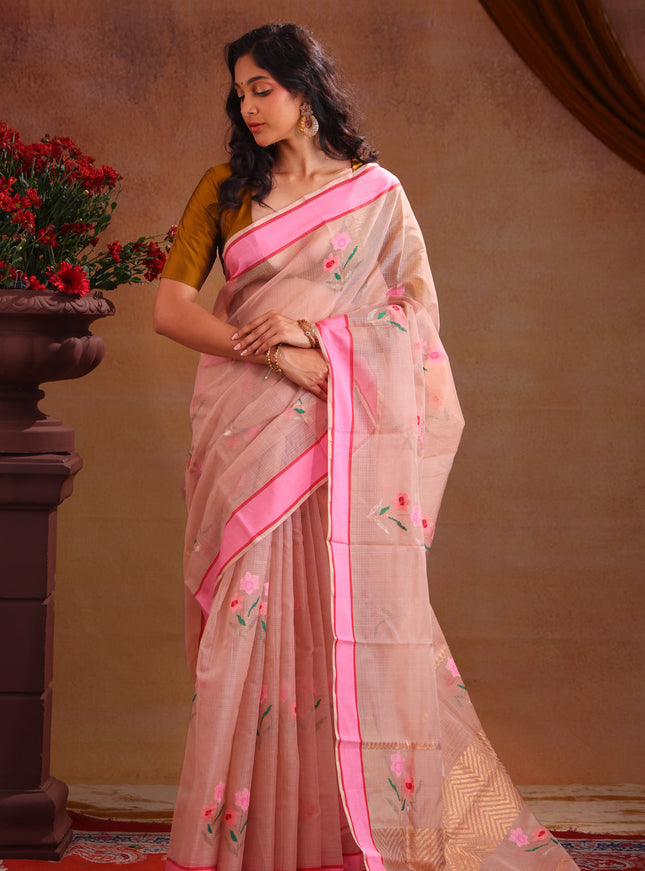 Beige & Pink Zari Kota Saree With Floral Motif