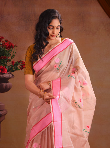 Beige & Pink Zari Kota Saree With Floral Motif