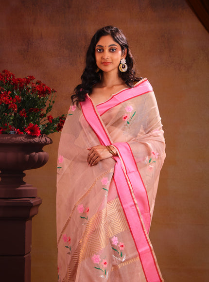 Beige & Pink Zari Kota Saree With Floral Motif