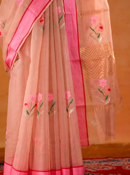 Beige & Pink Zari Kota Saree With Floral Motif
