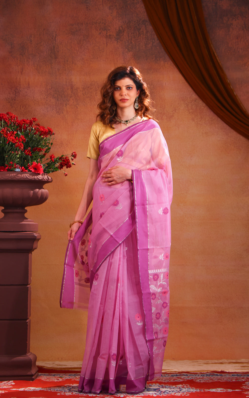 Lotu Pink Zari Kota Saree With Floral Motif