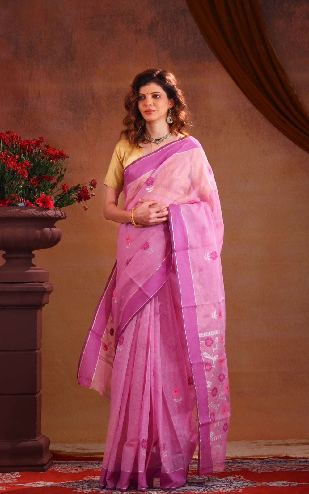 Lotu Pink Zari Kota Saree With Floral Motif