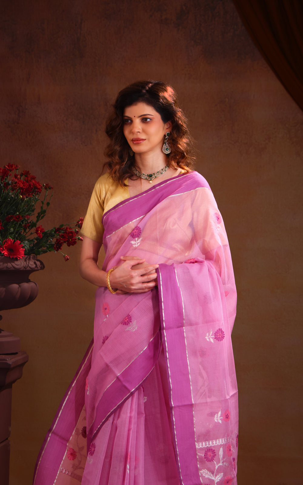 Lotu Pink Zari Kota Saree With Floral Motif
