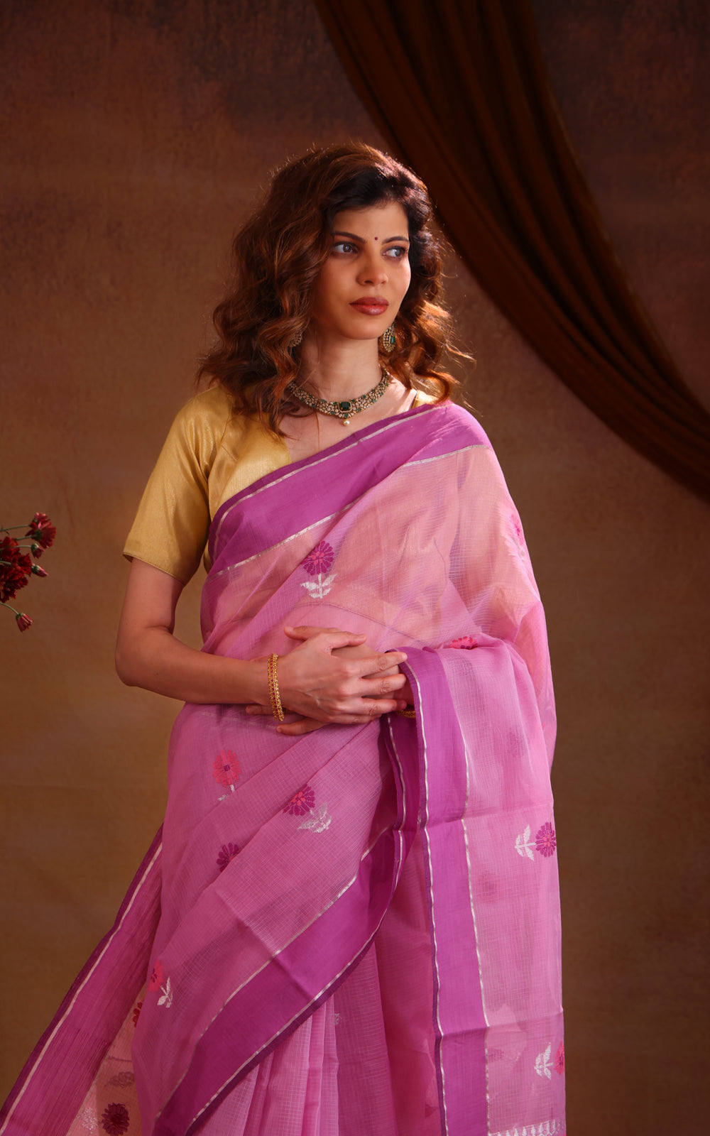 Lotu Pink Zari Kota Saree With Floral Motif