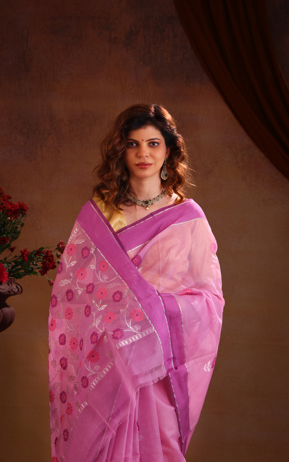 Lotu Pink Zari Kota Saree With Floral Motif