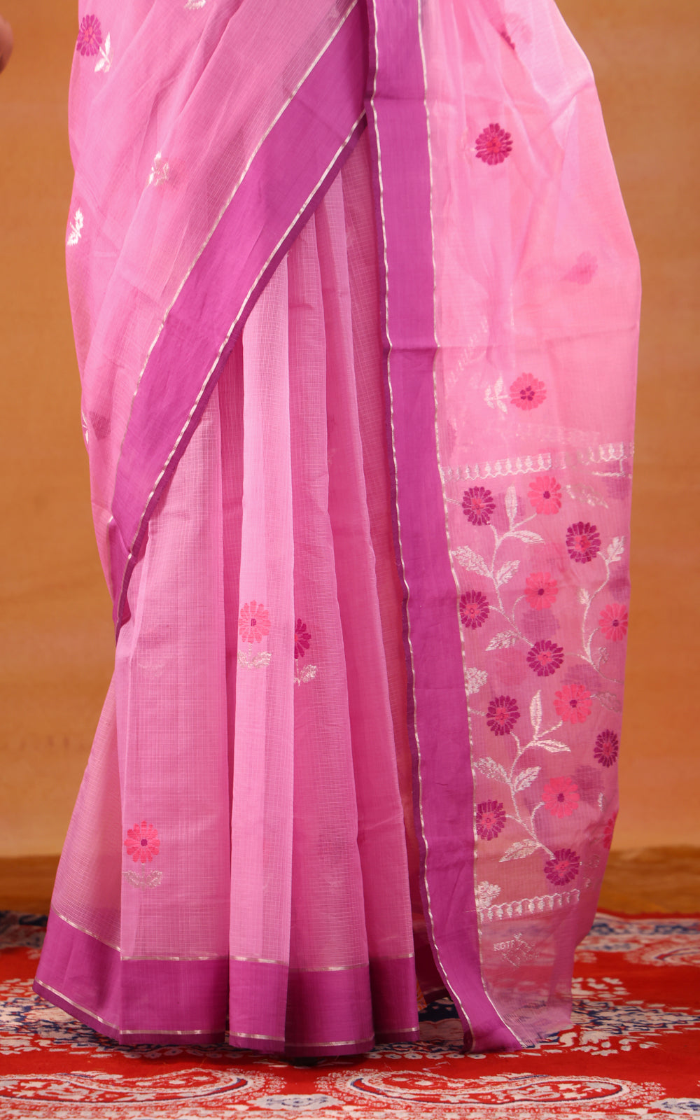 Lotu Pink Zari Kota Saree With Floral Motif