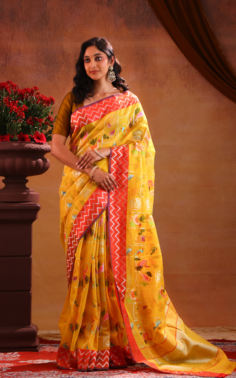 Yellow & Red Zari Kota Saree With Jamdani Weaves