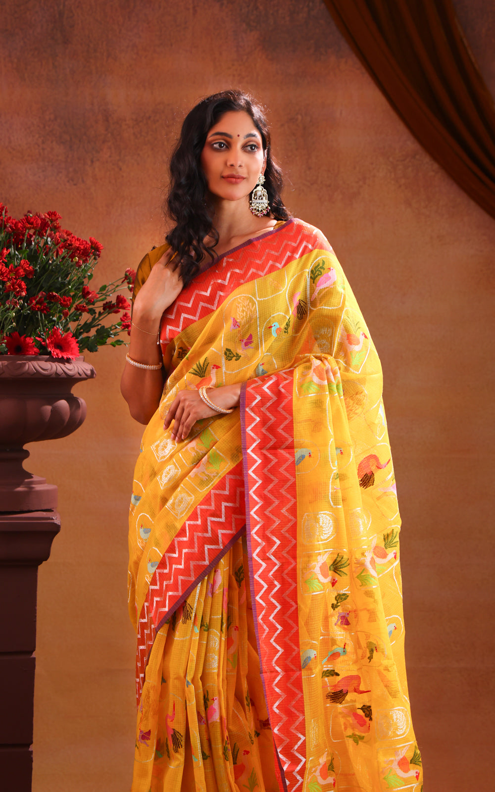 Yellow & Red Zari Kota Saree With Jamdani Weaves