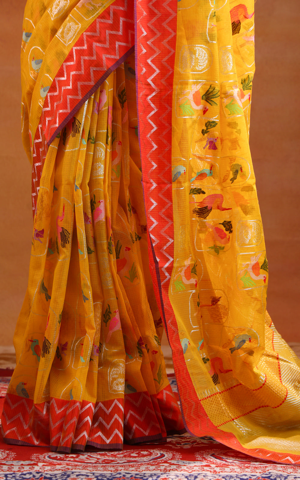 Yellow & Red Zari Kota Saree With Jamdani Weaves