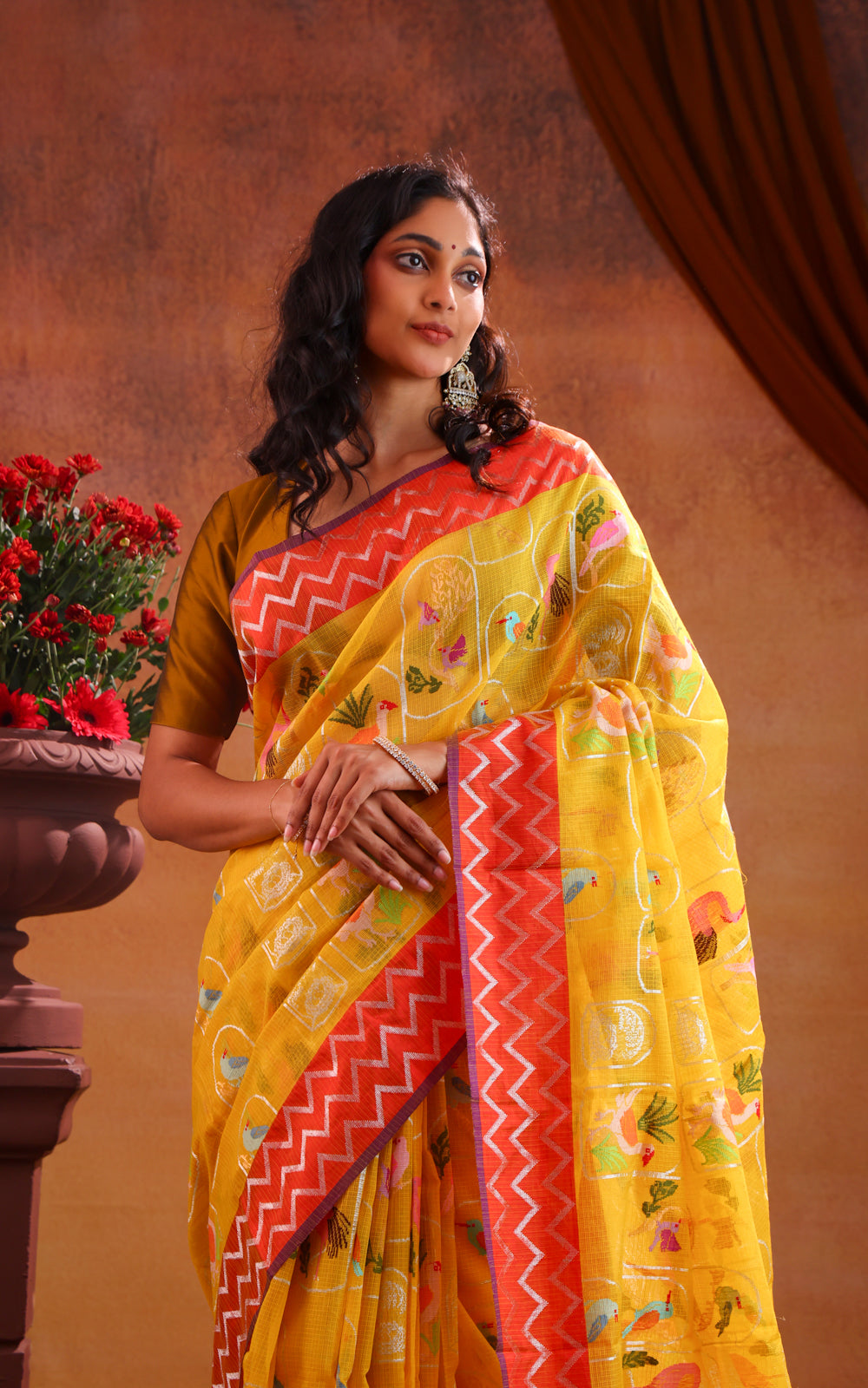 Yellow & Red Zari Kota Saree With Jamdani Weaves