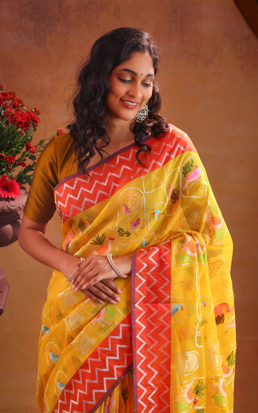 Yellow & Red Zari Kota Saree With Jamdani Weaves