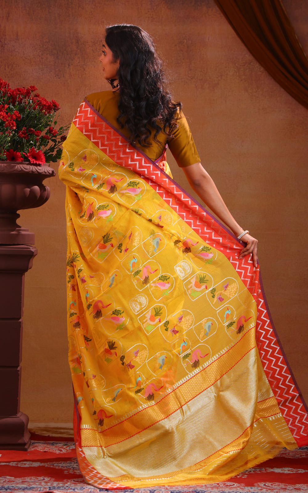Yellow & Red Zari Kota Saree With Jamdani Weaves