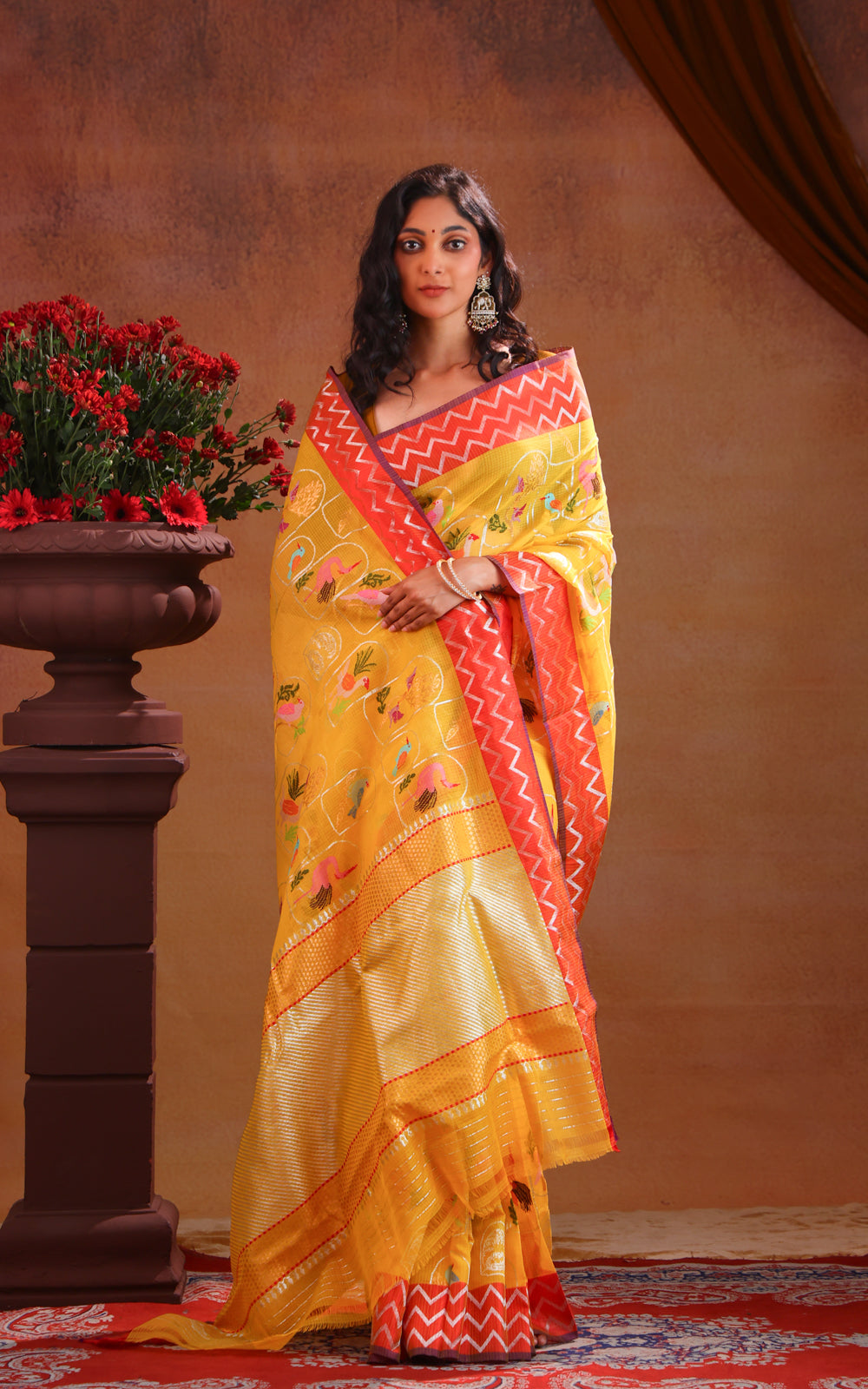 Yellow & Red Zari Kota Saree With Jamdani Weaves