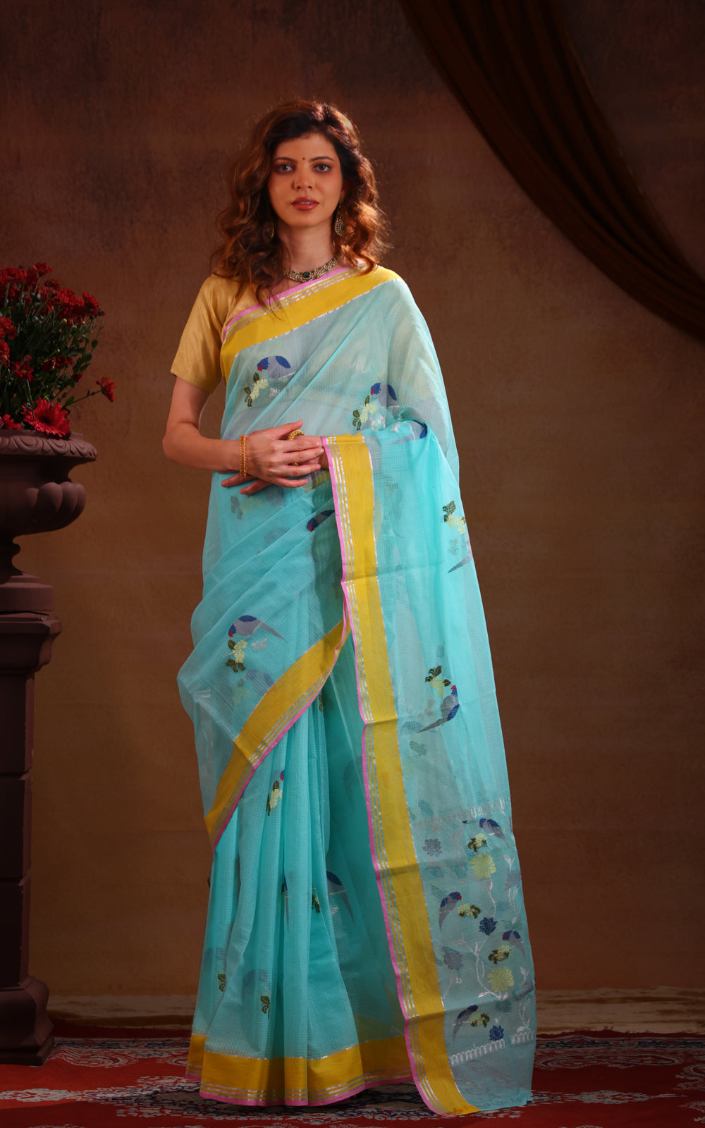 Teal Blue Zari Kota Saree With Thread Woven Bird Butta