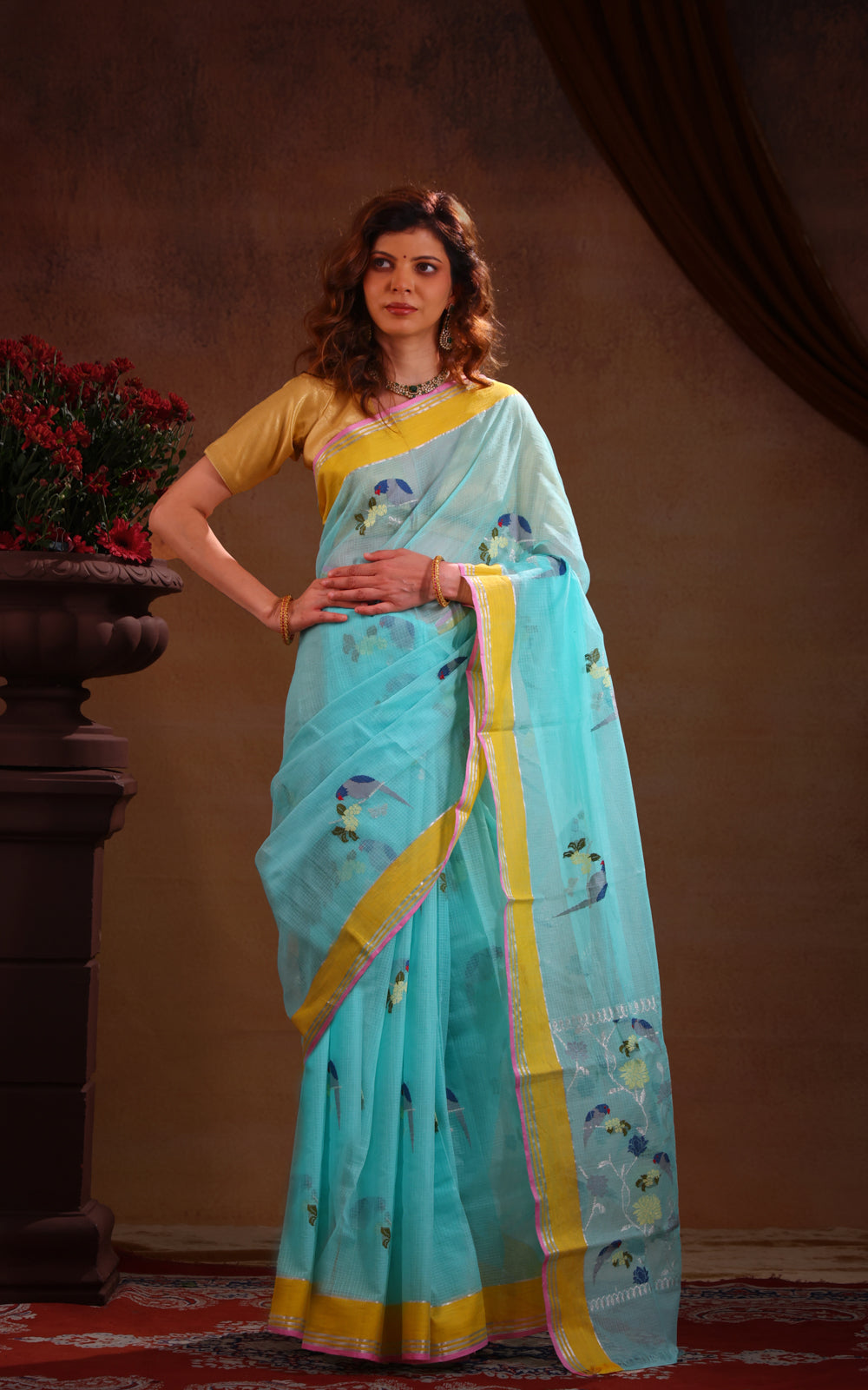 Teal Blue Zari Kota Saree With Thread Woven Bird Butta