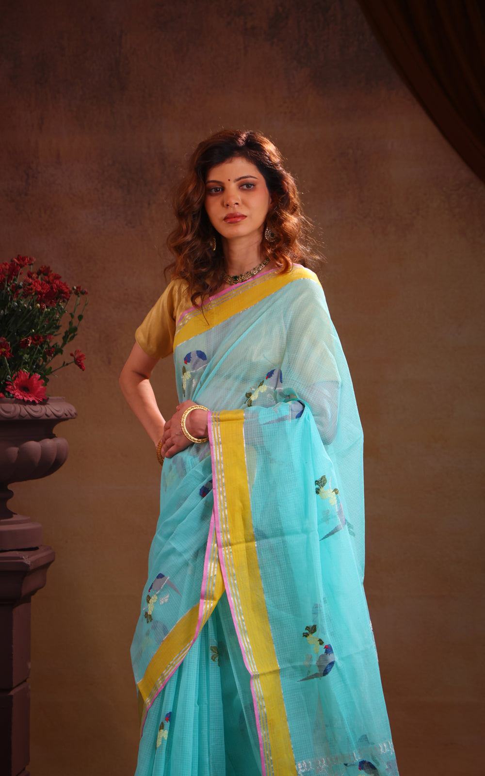 Teal Blue Zari Kota Saree With Thread Woven Bird Butta