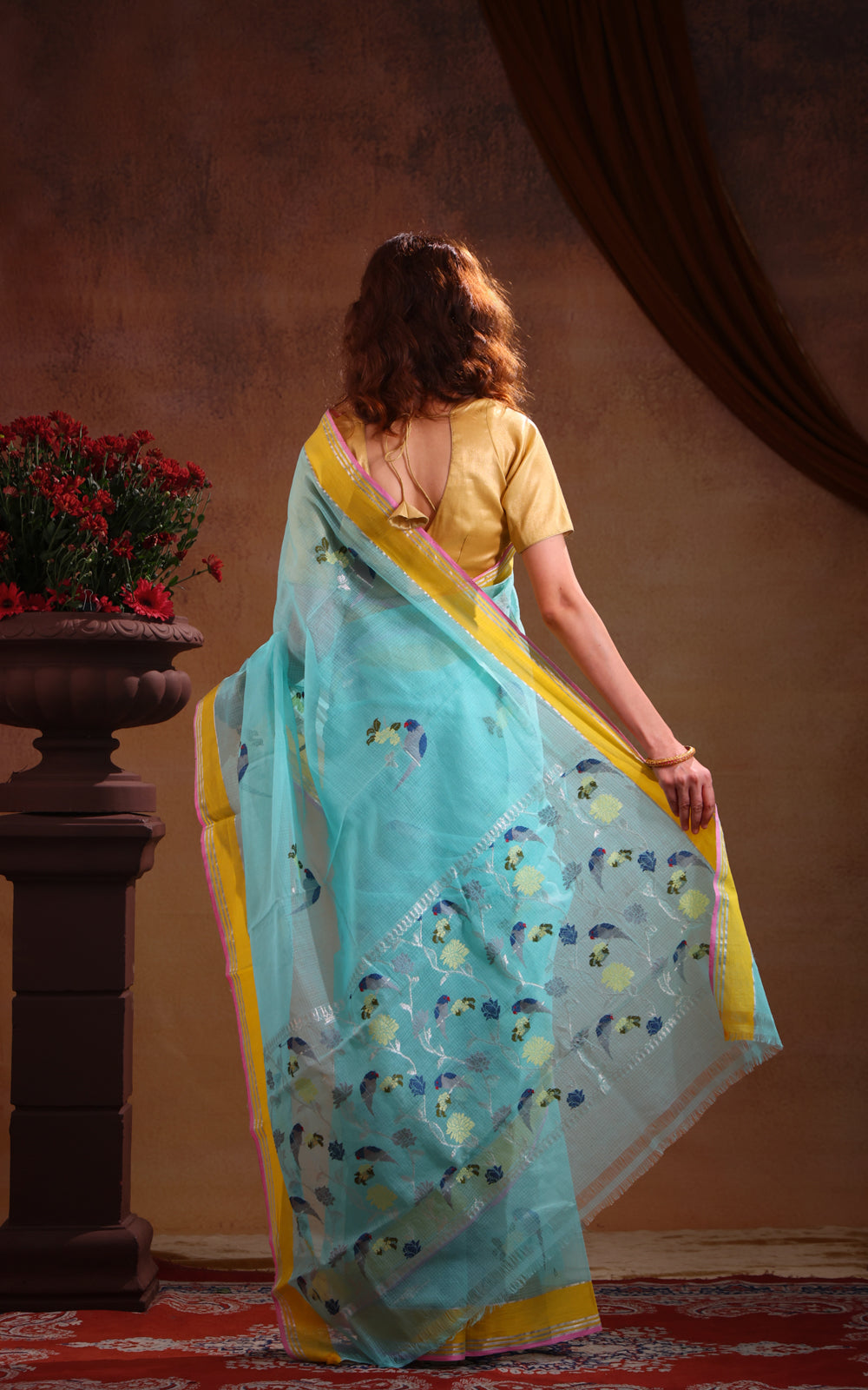 Teal Blue Zari Kota Saree With Thread Woven Bird Butta