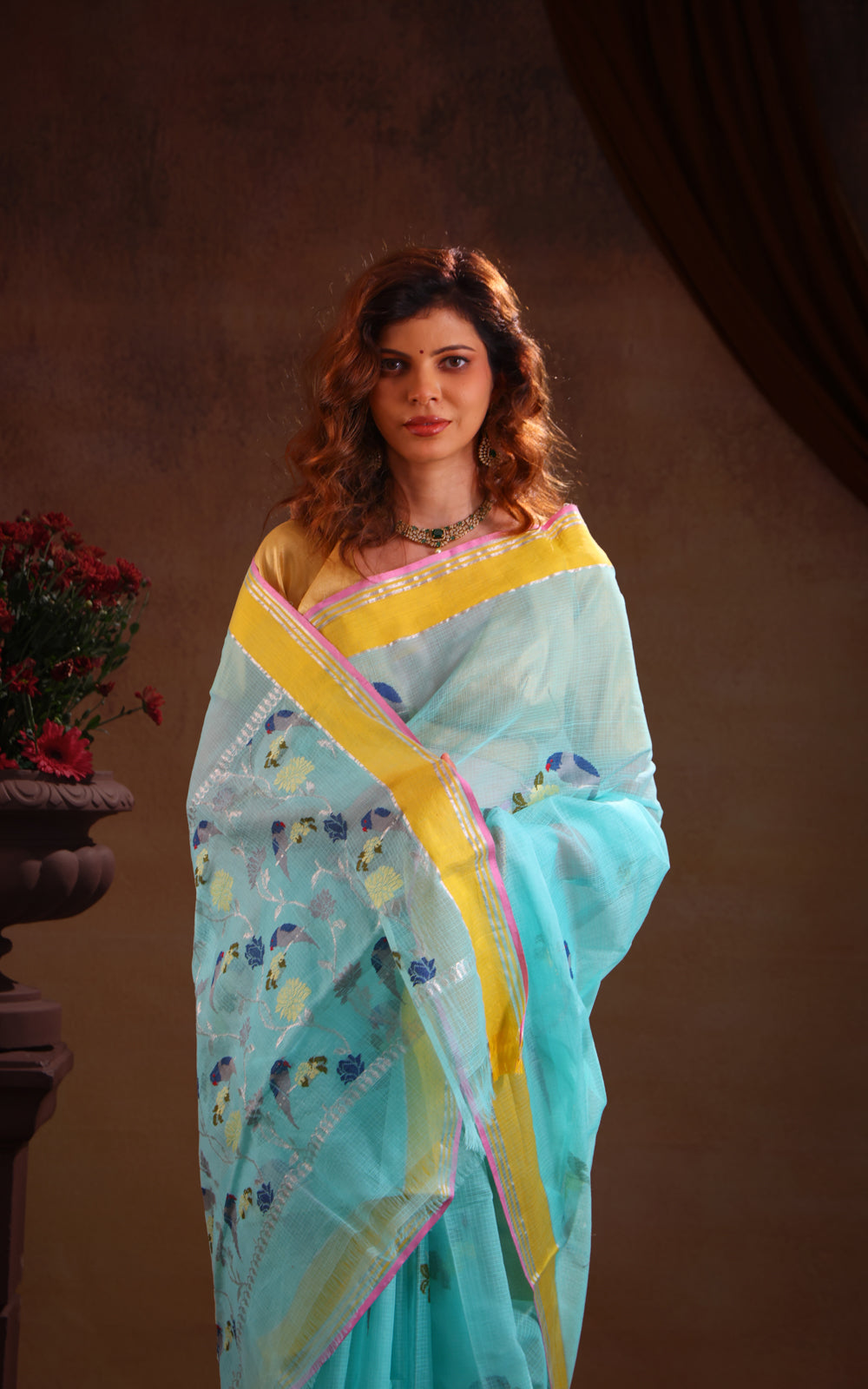Teal Blue Zari Kota Saree With Thread Woven Bird Butta