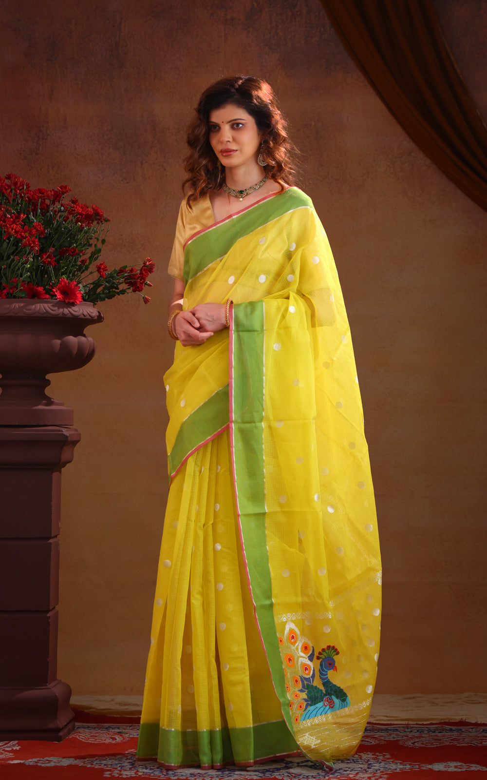 Lime Yellow & Green Zari Kota Saree With Silver Butta