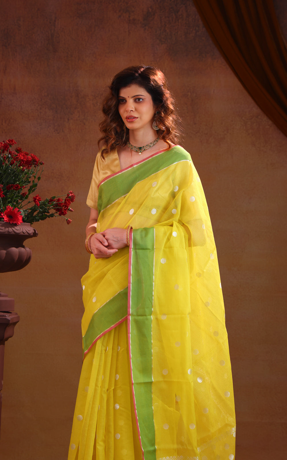 Lime Yellow & Green Zari Kota Saree With Silver Butta